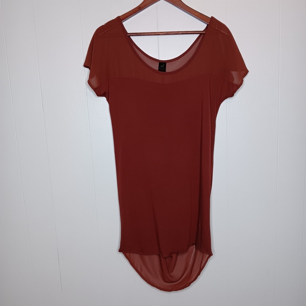 Peruvian Connection Tunic Top XS Rust Sheer Draped Back Earthy Minimalist Boho